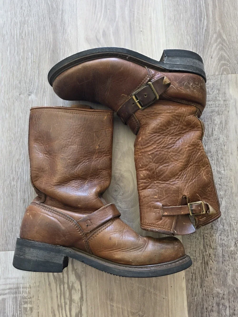 Womens Vintage Distressed Carolina Brown Leather Harness Boots Size 8
